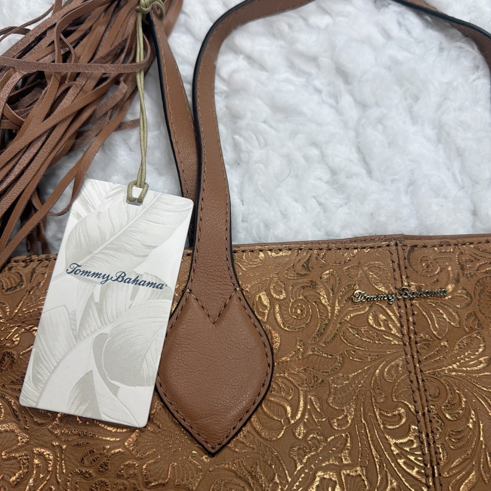 Tommy Bahama Barbados Leather Tote CAMEL/GOLD Carry Handle Large Embossed New!!